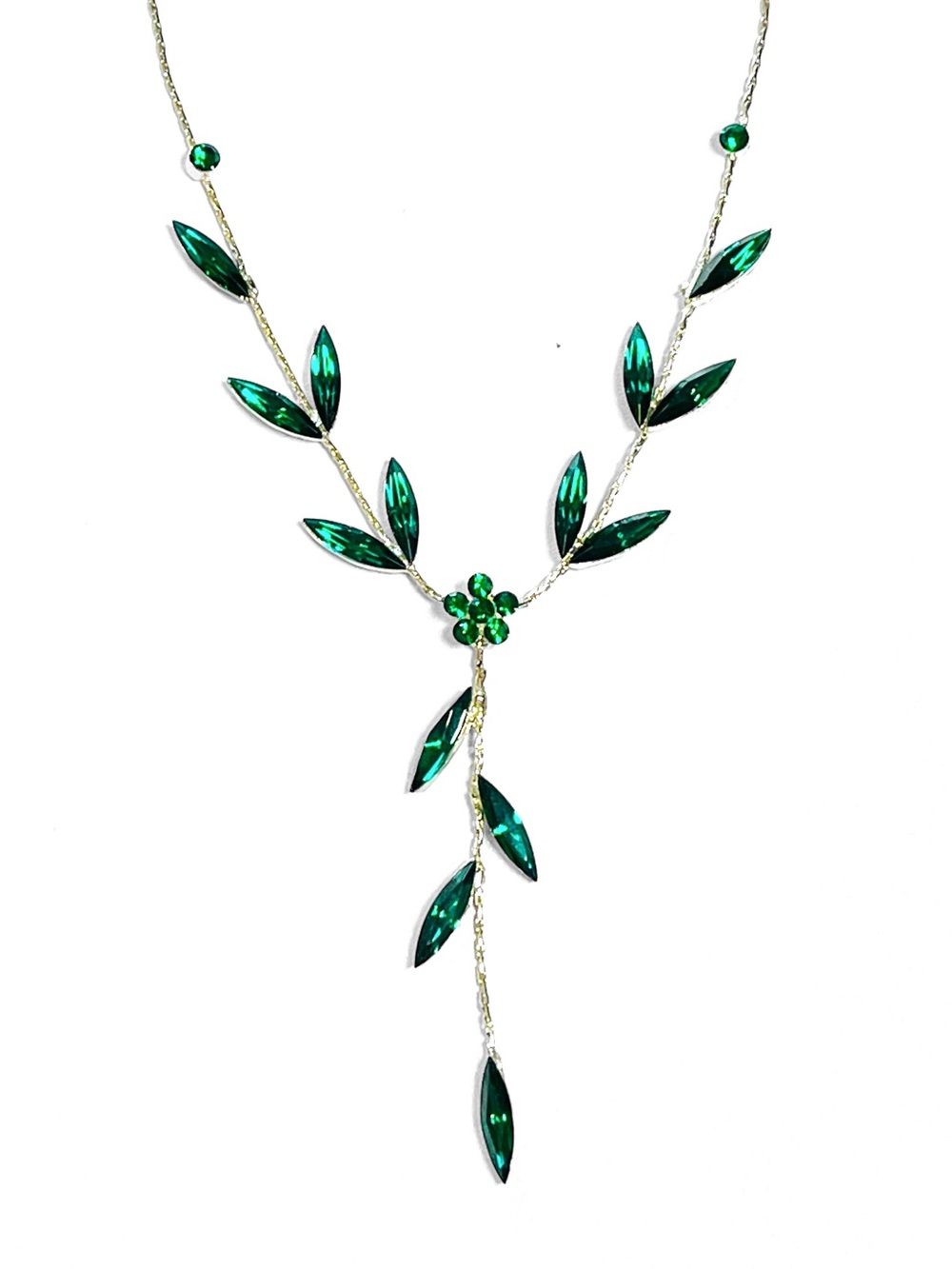 Emerald Green Color Rhinestone Y Drop Necklace Silver Tone Floral Leaves Formal